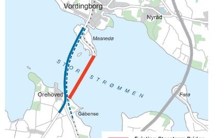 Karte mit Streckenverlauf der alten und neuen Storstrømbrücke