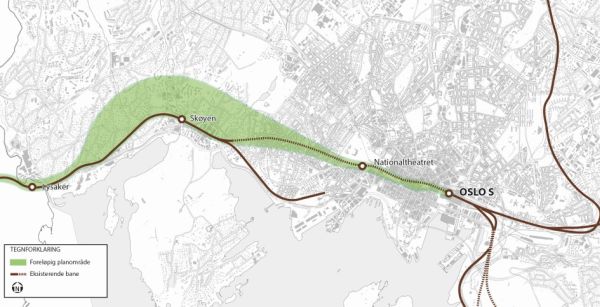 Illustration des geplanten Streckenverlaufs des Neuen Eisenbahntunnels durch Oslo