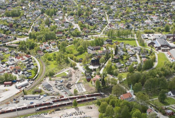 Luftaufnahme des Bereichs Øvre Strøm auf der Strecke Drammen - Kobervikdalen