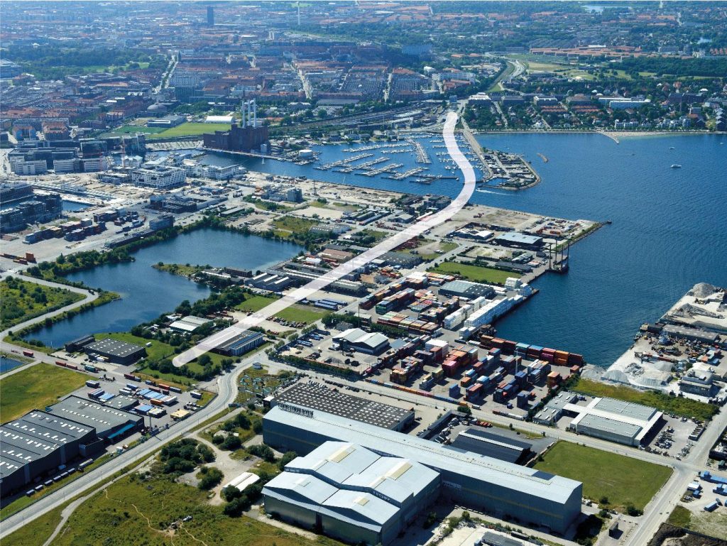 Luftaufnahme des geplanten Verlaufs des Nordhavntunnels